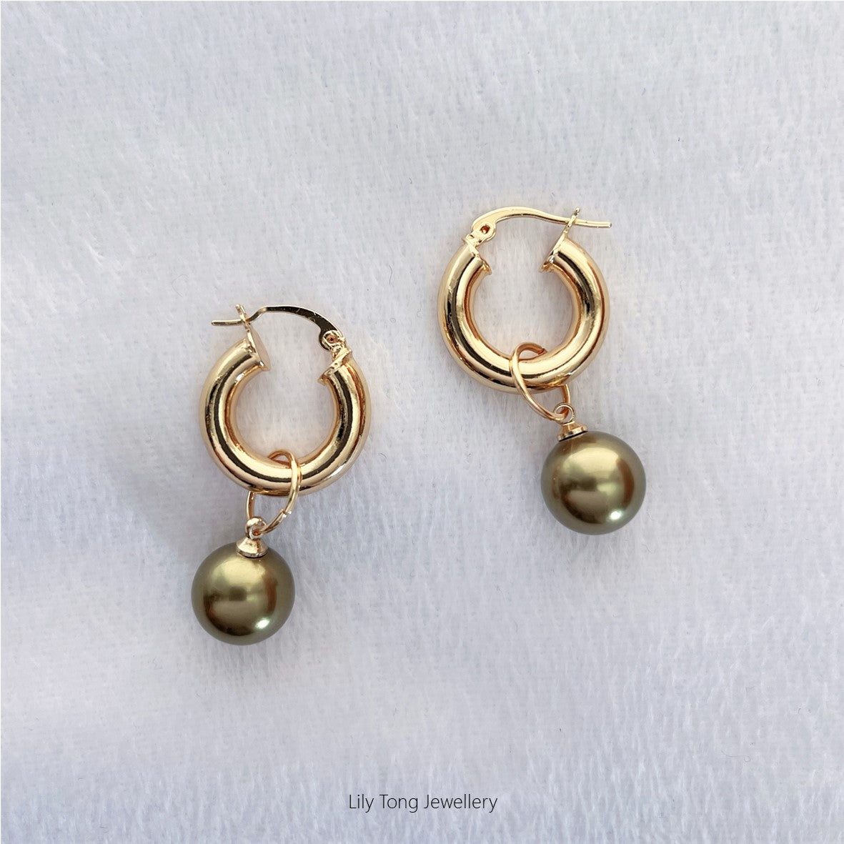 12mm Shell Pearl Drop Thick Hoop Earrings #P117 Olive Green