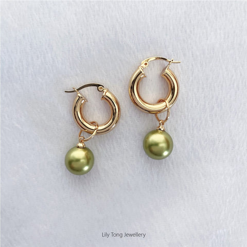 12mm Shell Pearl Drop Thick Hoop Earrings #P118 Fresh Green