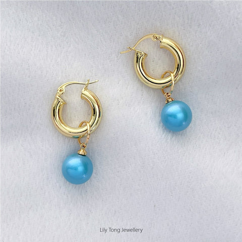 12mm Shell Pearl Drop Thick Hoop Earrings #P121 Sky Blue