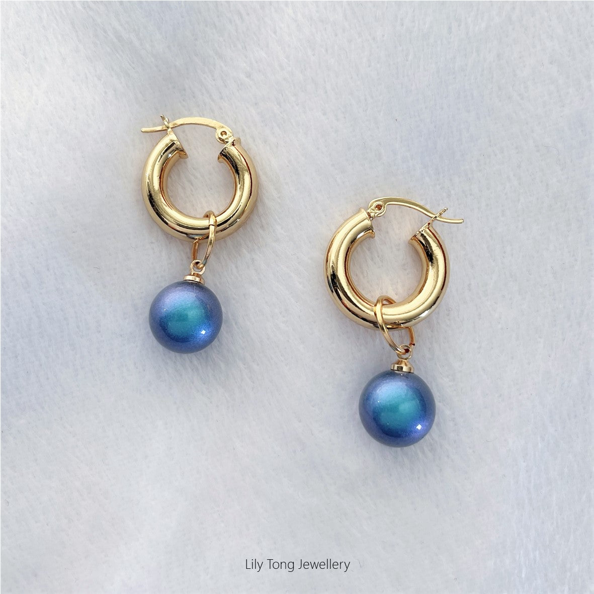 12mm Shell Pearl Drop Thick Hoop Earrings #P122 Peacock Blue