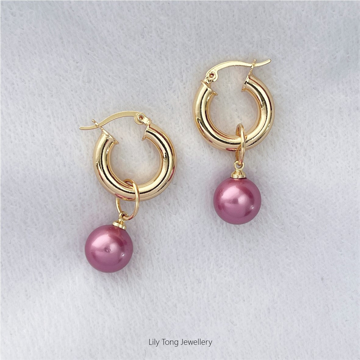 12mm Shell Pearl Drop Thick Hoop Earrings #P125 Red Violet