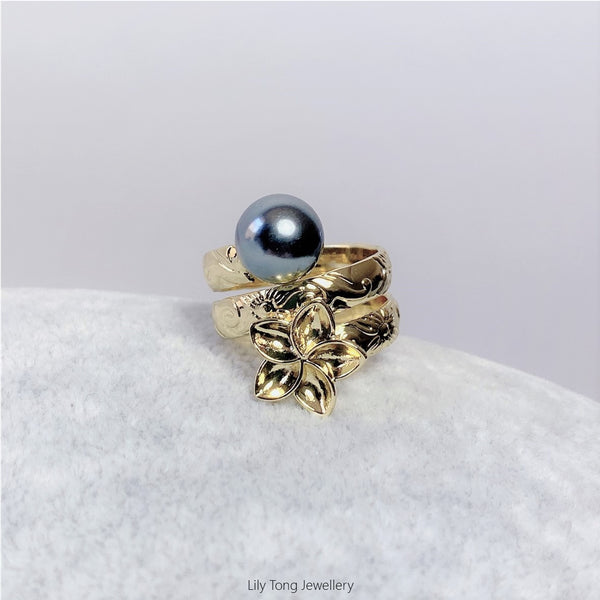 Frangipani & Shell Pearl Gold Plated Ring #GP12