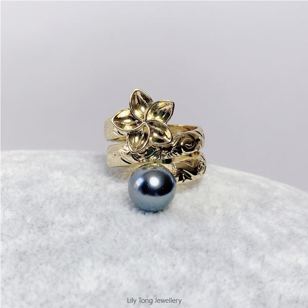 Frangipani & Shell Pearl Gold Plated Ring #GP12