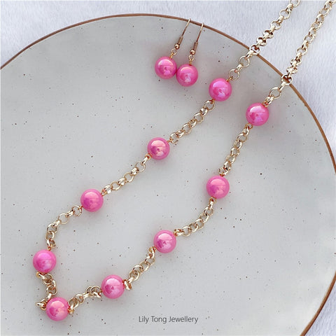 12mm Shell Pearl Belcher Chain Necklace & Earrings (Pink)