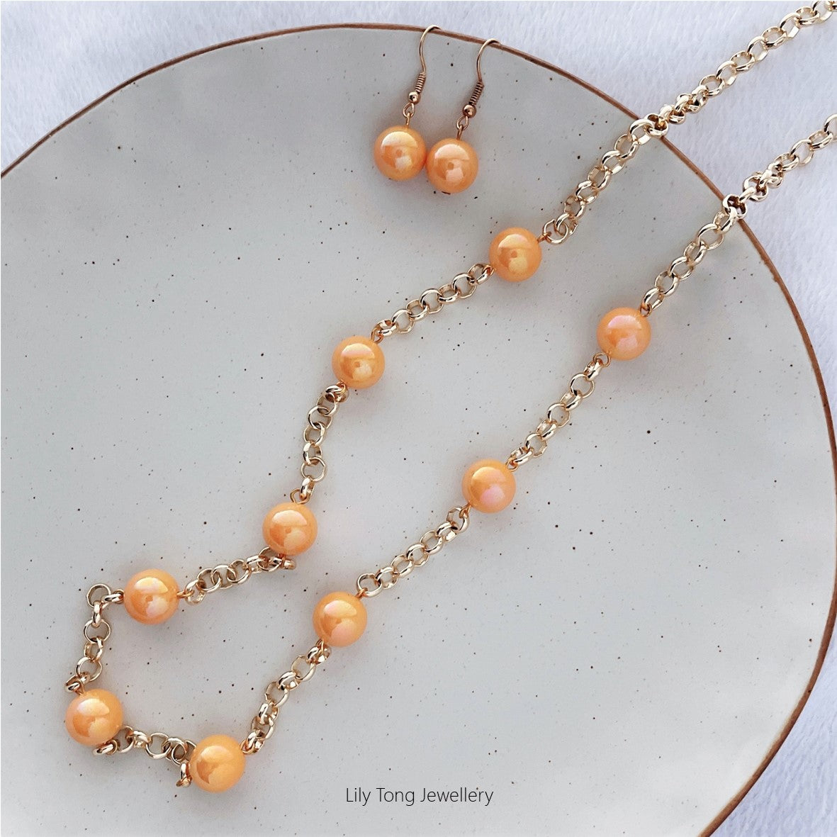 12mm Shell Pearl Belcher Chain Necklace & Earrings (Honey Orange)