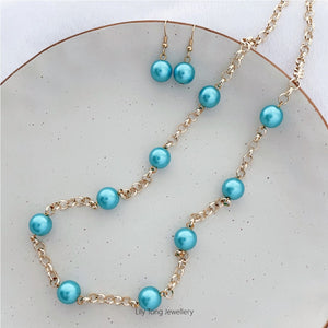 12mm Shell Pearl Belcher Chain Necklace & Earrings (Sky Blue)