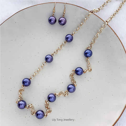 12mm Shell Pearl Belcher Chain Necklace & Earrings (Midnight Purple)