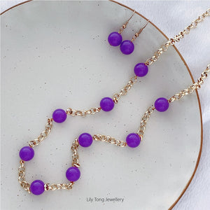 12mm Shell Pearl Belcher Chain Necklace & Earrings (Purple)