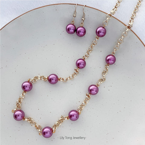 12mm Shell Pearl Belcher Chain Necklace & Earrings (Red Violet)