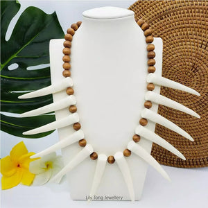 Wooden Bead Acrylic Ivory & Bead Chain Chunky Style Necklace #NOT3-1