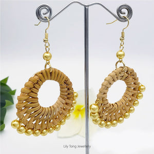 Rattan Round Drop With Multi-Pearl Earrings #0652