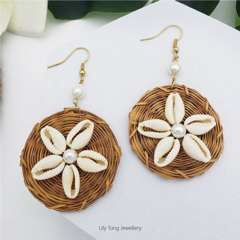 Rattan Round Drop With Pearls & Shells Earrings #0654