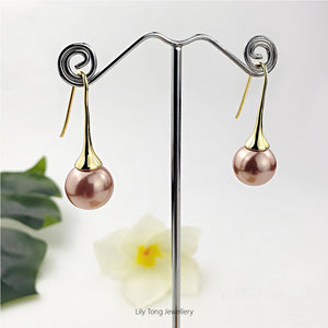 12mm Shell Pearl Hook Earrings #0651 Cream Rosy Brown