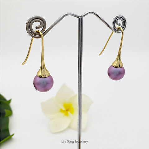 12mm Shell Pearl Hook Earrings #0658 Purple