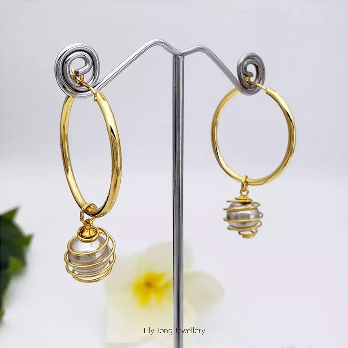 Hoop Earrings With Spiral Caged Pearl Pendant #0716 Silver Grey