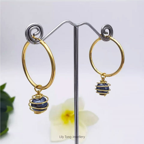 Hoop Earrings With Spiral Caged Pearl Pendant #0717 Dark Grey