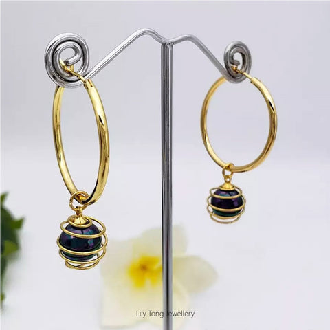 Hoop Earrings With Spiral Caged Pearl Pendant #0718 Peacock Black