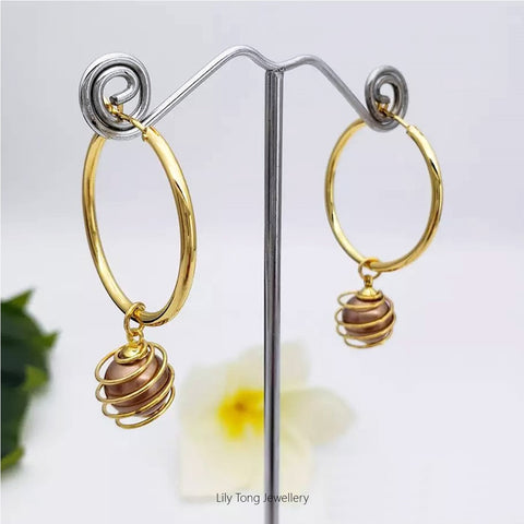 Hoop Earrings With Spiral Caged Pearl Pendant #0719 Light Brown