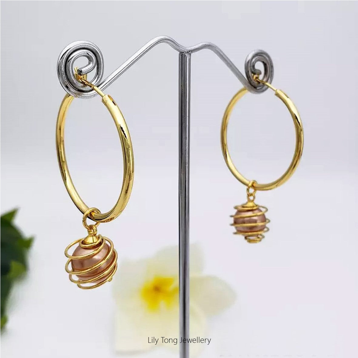 Hoop Earrings With Spiral Caged Pearl Pendant #0720 Cream Rosy Brown