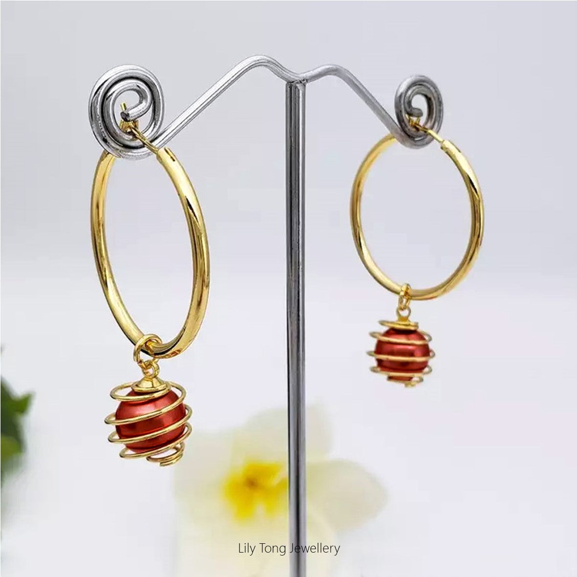 Hoop Earrings With Spiral Caged Pearl Pendant #0721 Deep Red