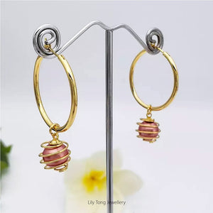 Hoop Earrings With Spiral Caged Pearl Pendant #0722 Light Red