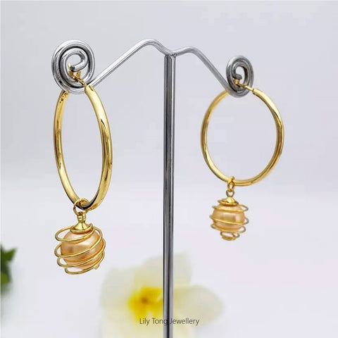 Hoop Earrings With Spiral Caged Pearl Pendant #0726 Light Apricot