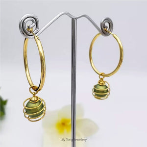 Hoop Earrings With Spiral Caged Pearl Pendant #0728 Dark Green