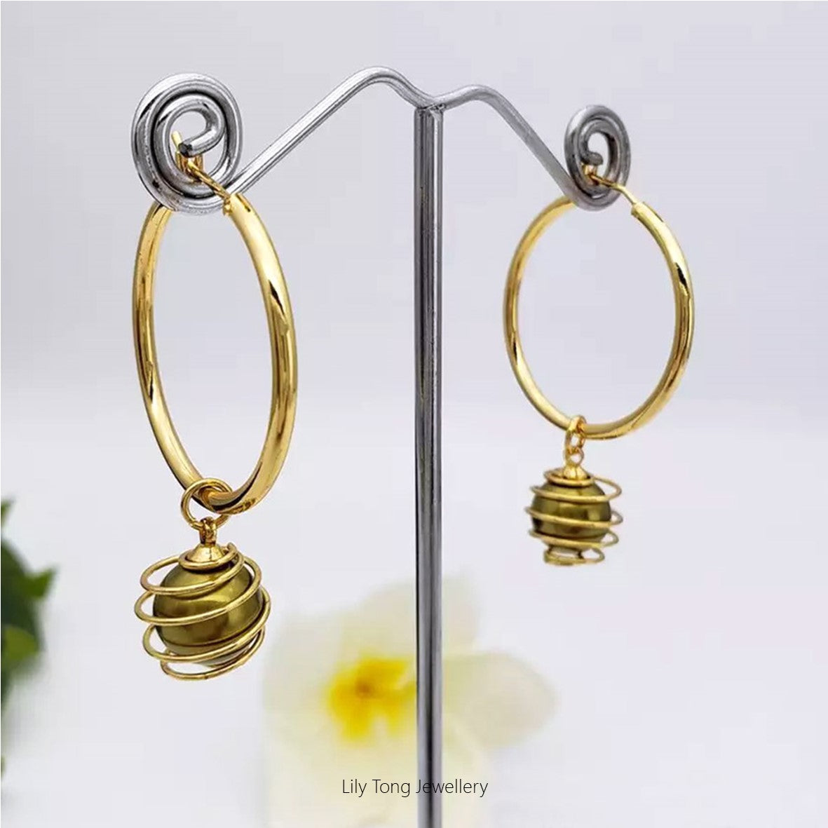 Hoop Earrings With Spiral Caged Pearl Pendant #0729 Olive Green