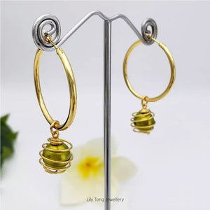 Hoop Earrings With Spiral Caged Pearl Pendant #0730 Fresh Green