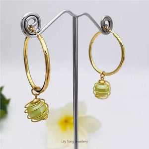 Hoop Earrings With Spiral Caged Pearl Pendant #0731 Baby Green