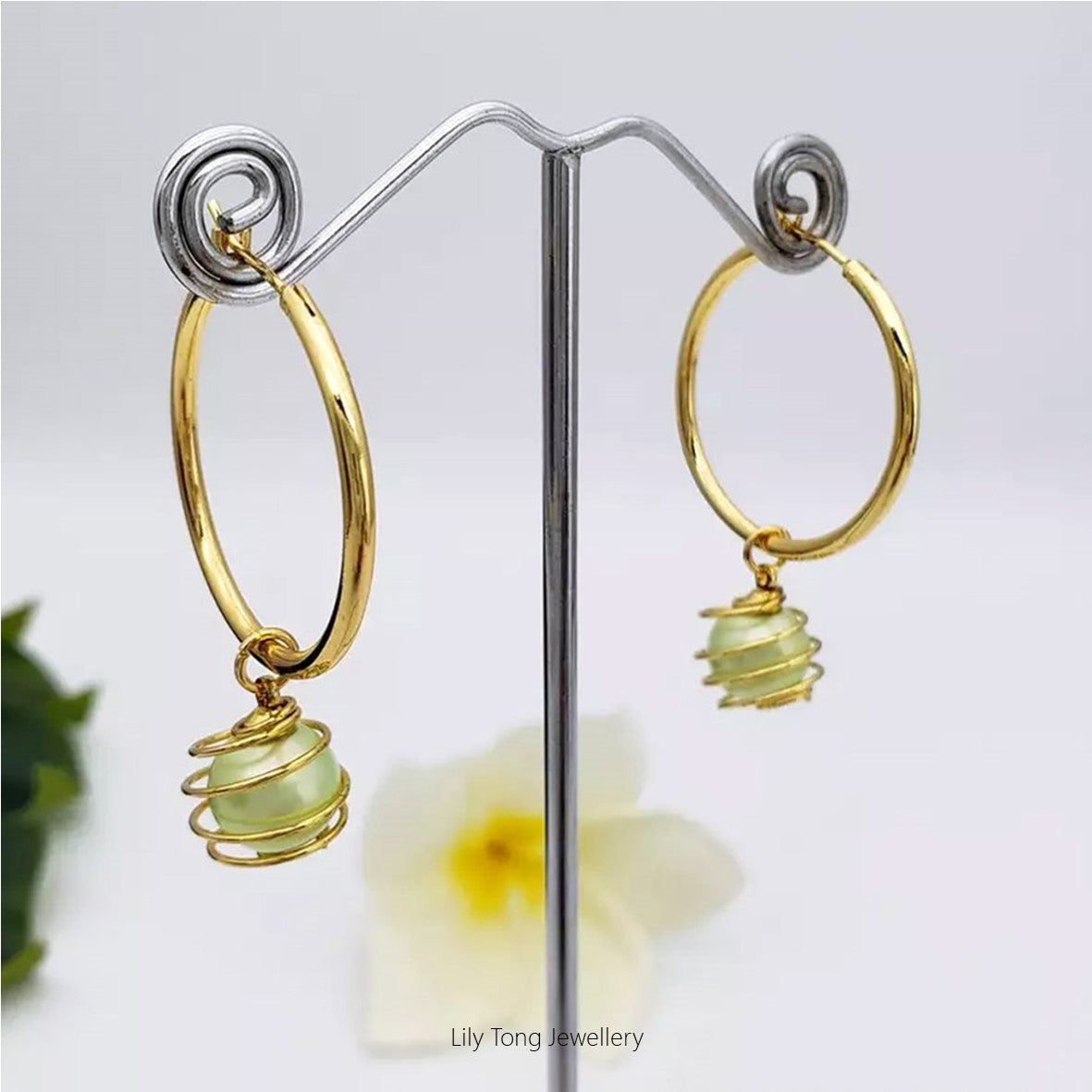 Hoop Earrings With Spiral Caged Pearl Pendant #0732 Mint Green