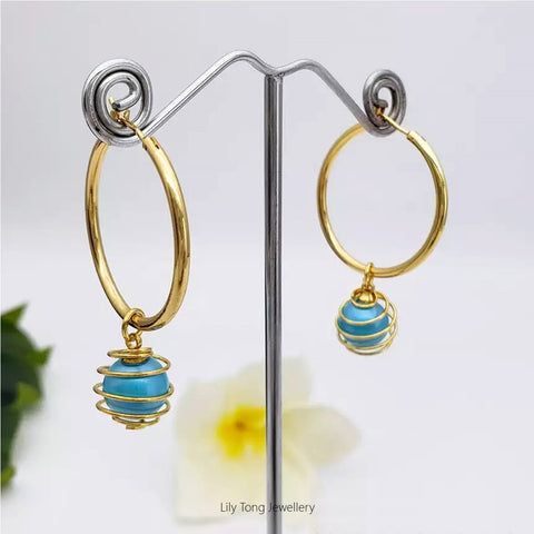 Hoop Earrings With Spiral Caged Pearl Pendant #0733 Sky Blue