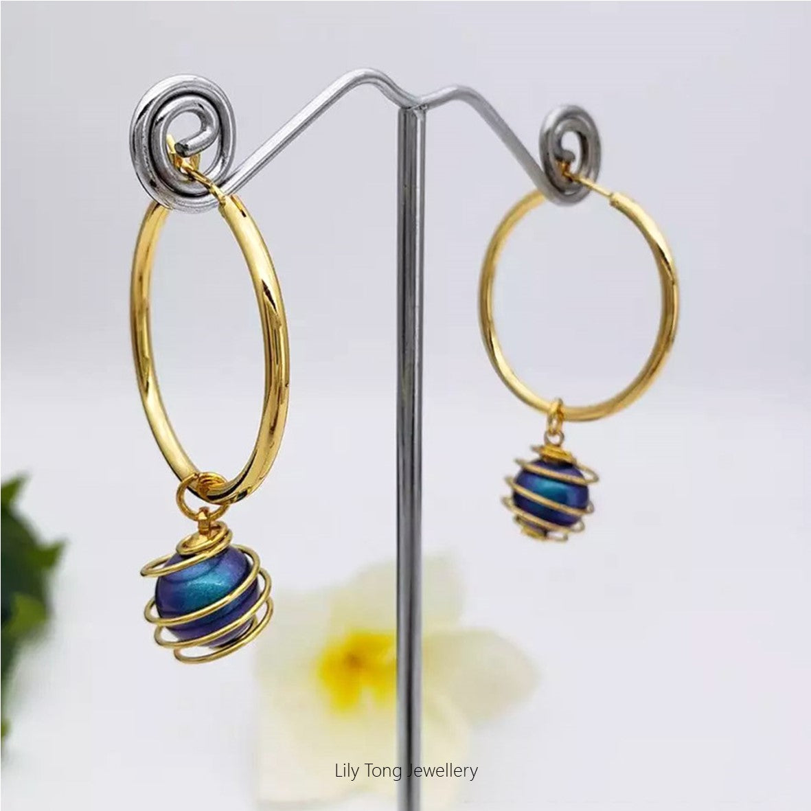 Hoop Earrings With Spiral Caged Pearl Pendant #0734 Peacock Blue