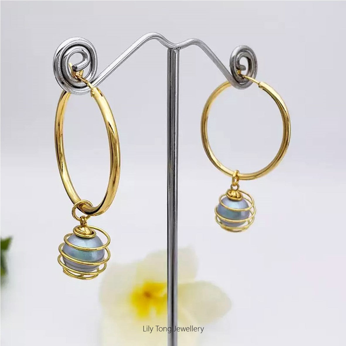 Hoop Earrings With Spiral Caged Pearl Pendant #0735 Baby Blue