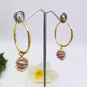 Hoop Earrings With Spiral Caged Pearl Pendant #0736 Purple