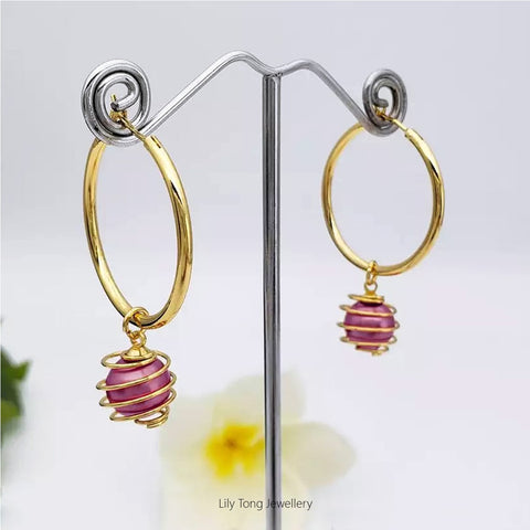 Hoop Earrings With Spiral Caged Pearl Pendant #0737 Red Violet