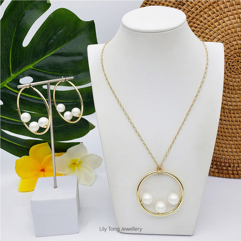 50mm Hoop With 3-Pearl Pendant Necklace & Earrings #SN01 White