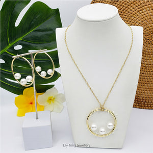 50mm Hoop With 3-Pearl Pendant Necklace & Earrings #SN02 Glossy White