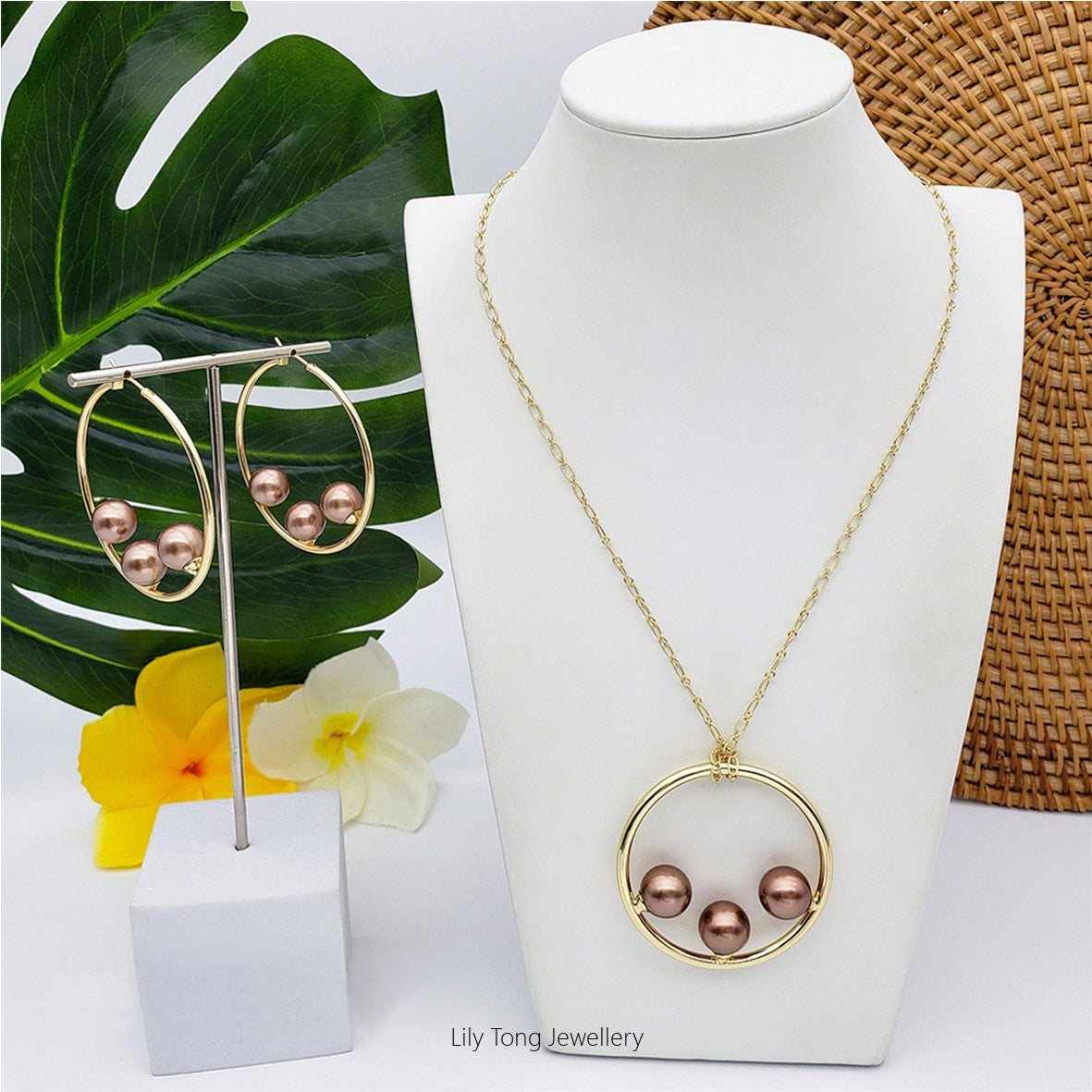 50mm Hoop With 3-Pearl Pendant Necklace & Earrings #SN06 Light Brown