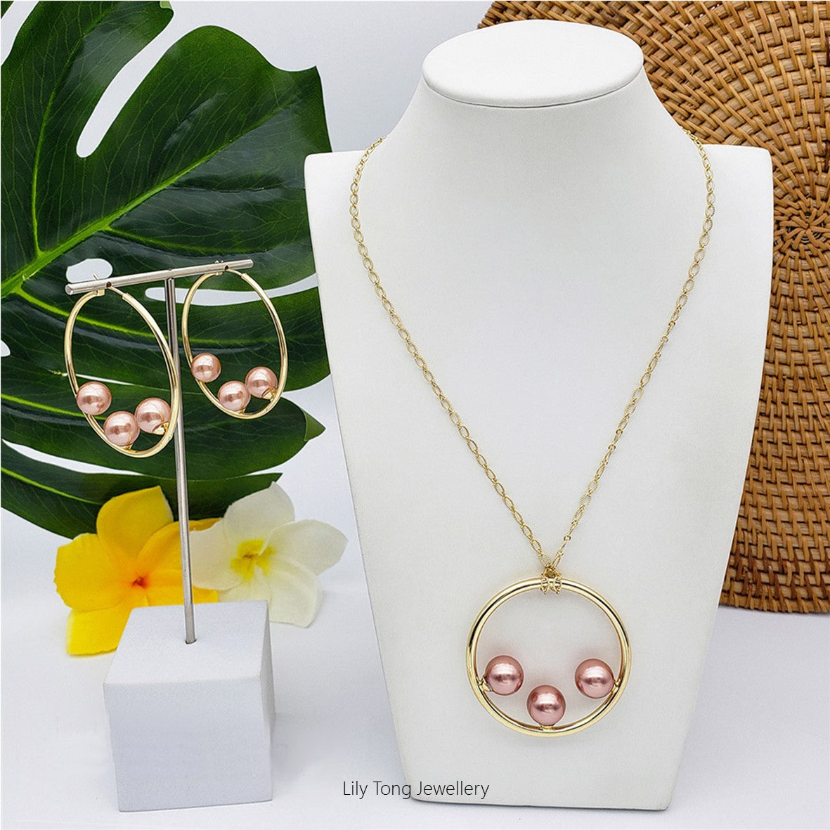 50mm Hoop With 3-Pearl Pendant Necklace & Earrings #SN07 Cream Rosy Brown