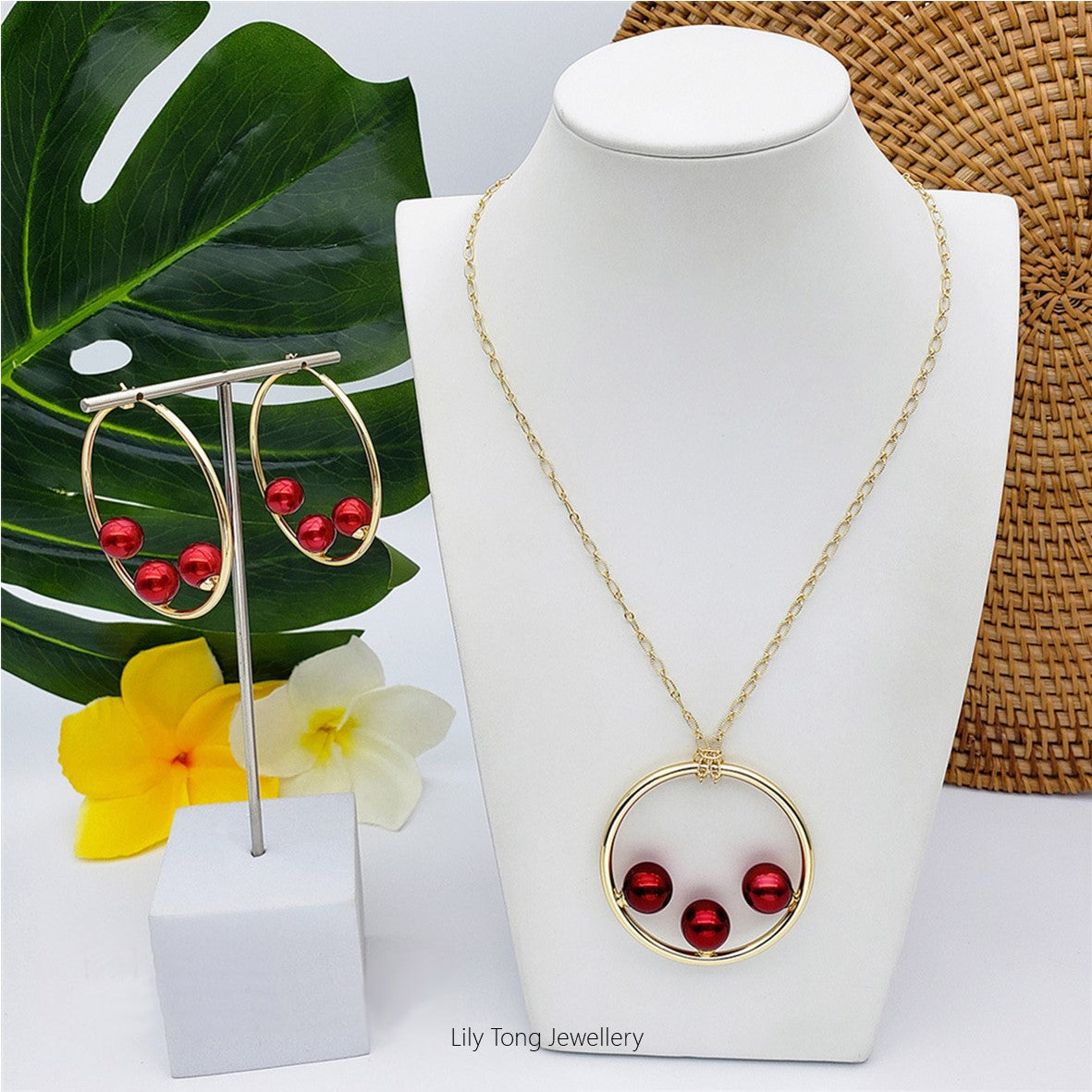 50mm Hoop With 3-Pearl Pendant Necklace & Earrings #SN08 Deep Red