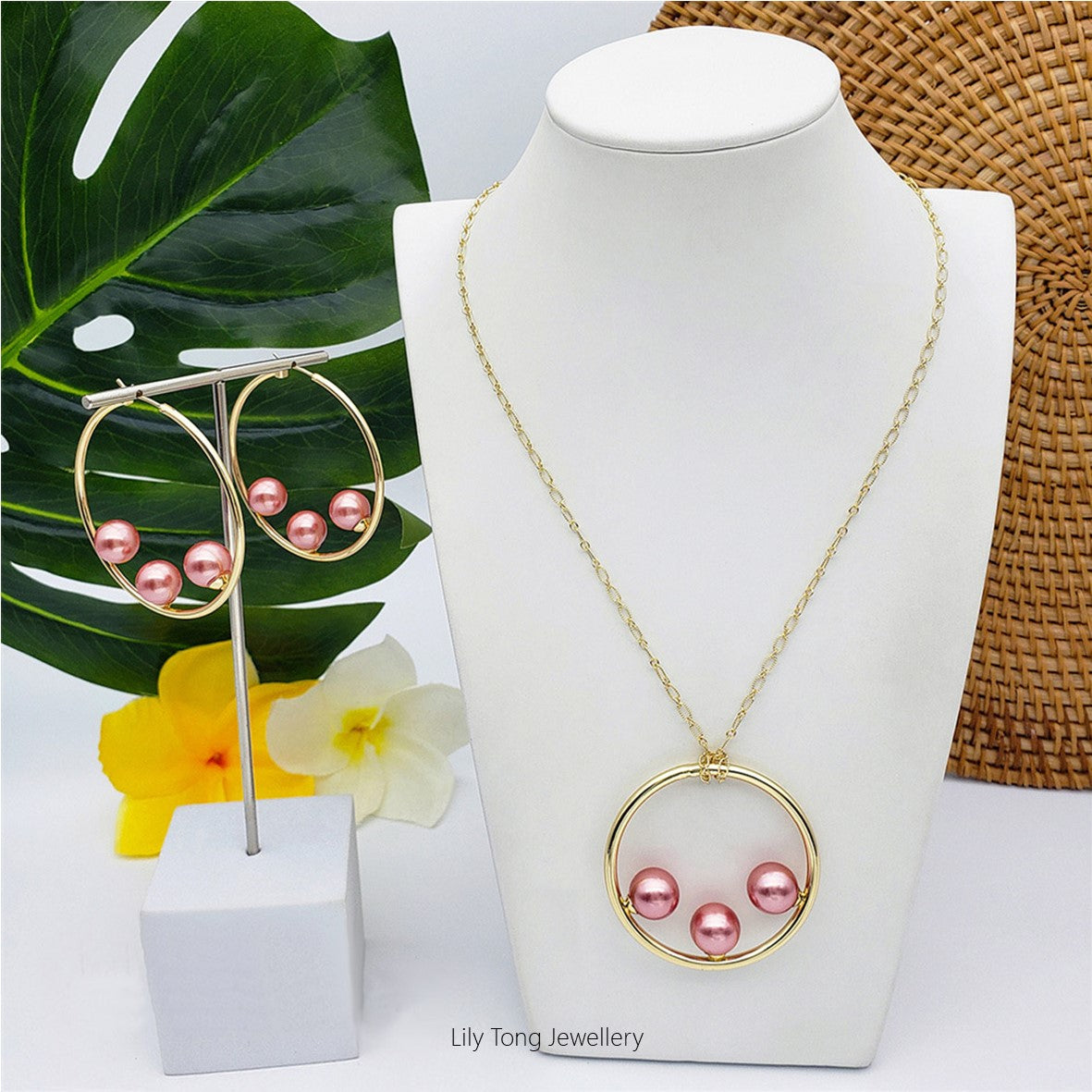 50mm Hoop With 3-Pearl Pendant Necklace & Earrings #SN09 Light Red