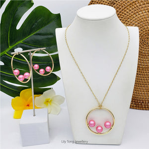 50mm Hoop With 3-Pearl Pendant Necklace & Earrings #SN10 Pink