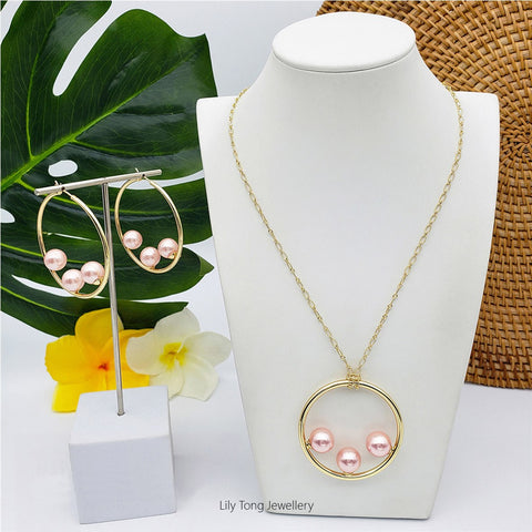 50mm Hoop With 3-Pearl Pendant Necklace & Earrings #SN11 Baby Pink