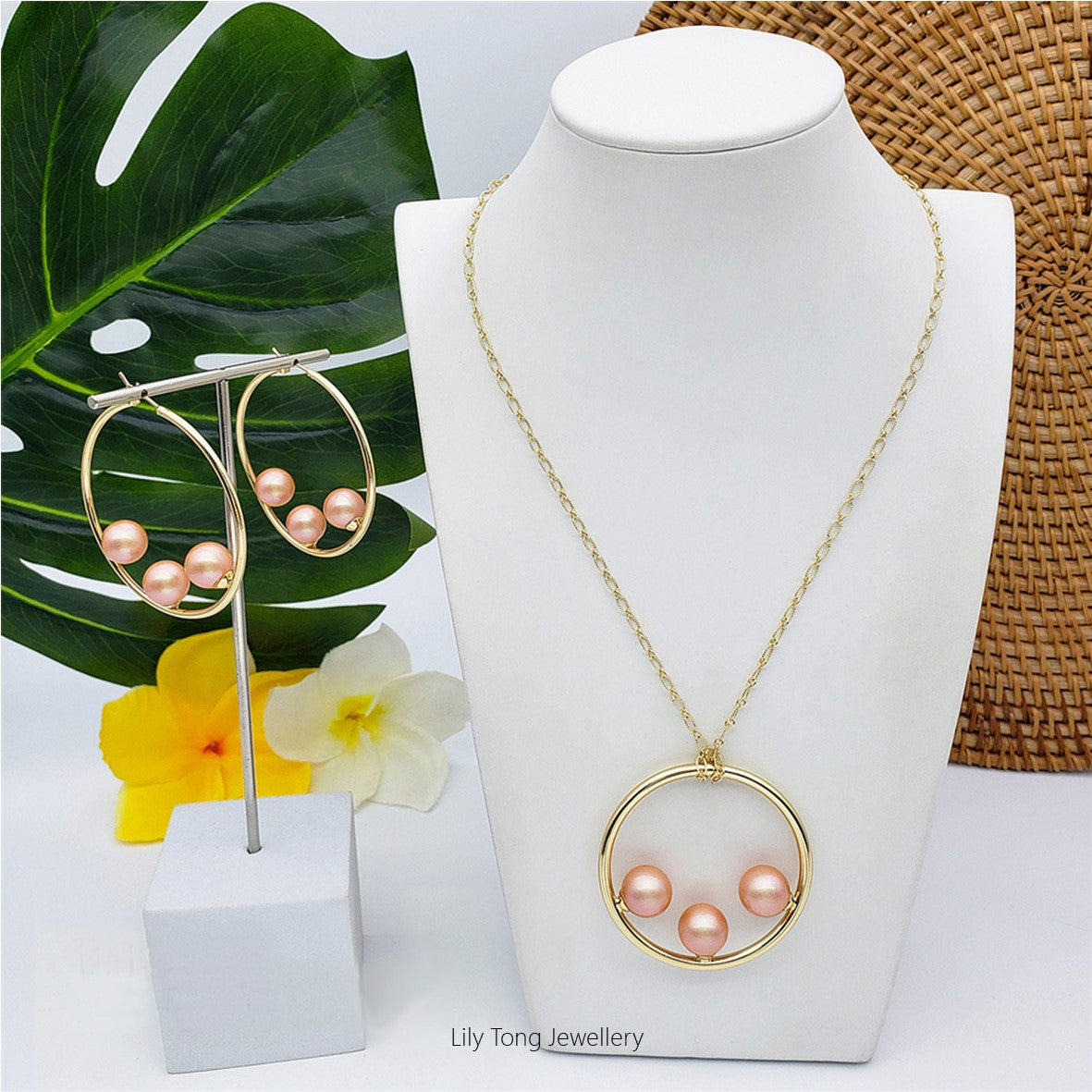 50mm Hoop With 3-Pearl Pendant Necklace & Earrings #SN12 Apricot Pink