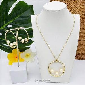 50mm Hoop With 3-Pearl Pendant Necklace & Earrings #SN14 Light Cream