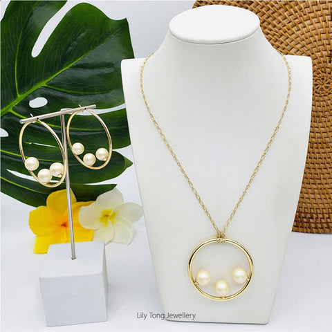 50mm Hoop With 3-Pearl Pendant Necklace & Earrings #SN14 Light Cream