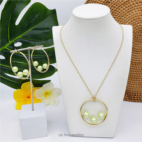 50mm Hoop With 3-Pearl Pendant Necklace & Earrings #SN18 Baby Green