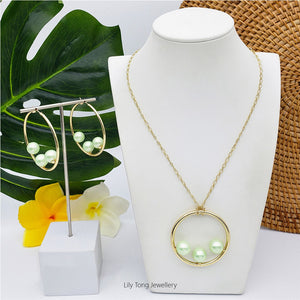 50mm Hoop With 3-Pearl Pendant Necklace & Earrings #SN19 Mint Green