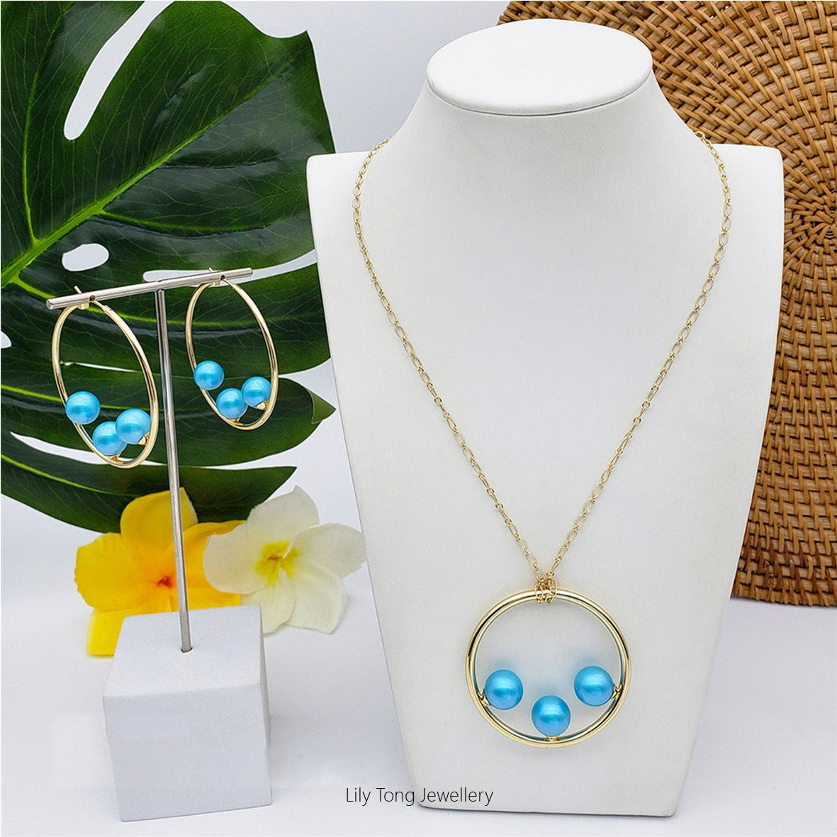 50mm Hoop With 3-Pearl Pendant Necklace & Earrings #SN20 Sky Blue